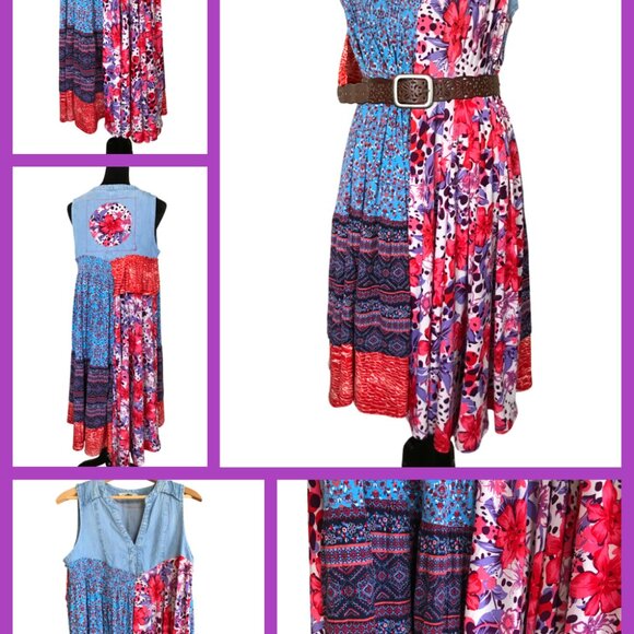 Boho Hippie Silky Sundress, Size S - M: Handmade Upcycled Patchwork Midi Dress - Picture 12 of 12